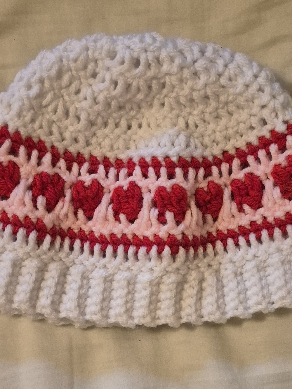 Handmade White & Red Crochet 6-9mo Beanie Hat